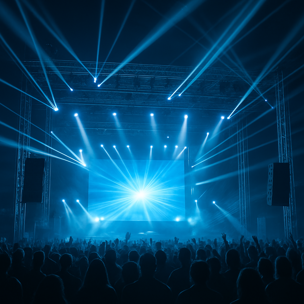 Palco de show com grid de treliça, moving lights e PA de grande porte